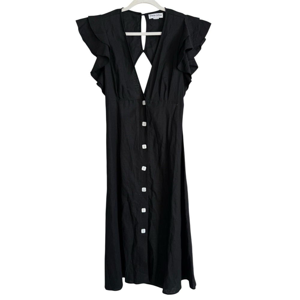 Charlie Holiday Cherry Linen Midi Dress Women Size 6 Cover Up Flutter Sleeve New